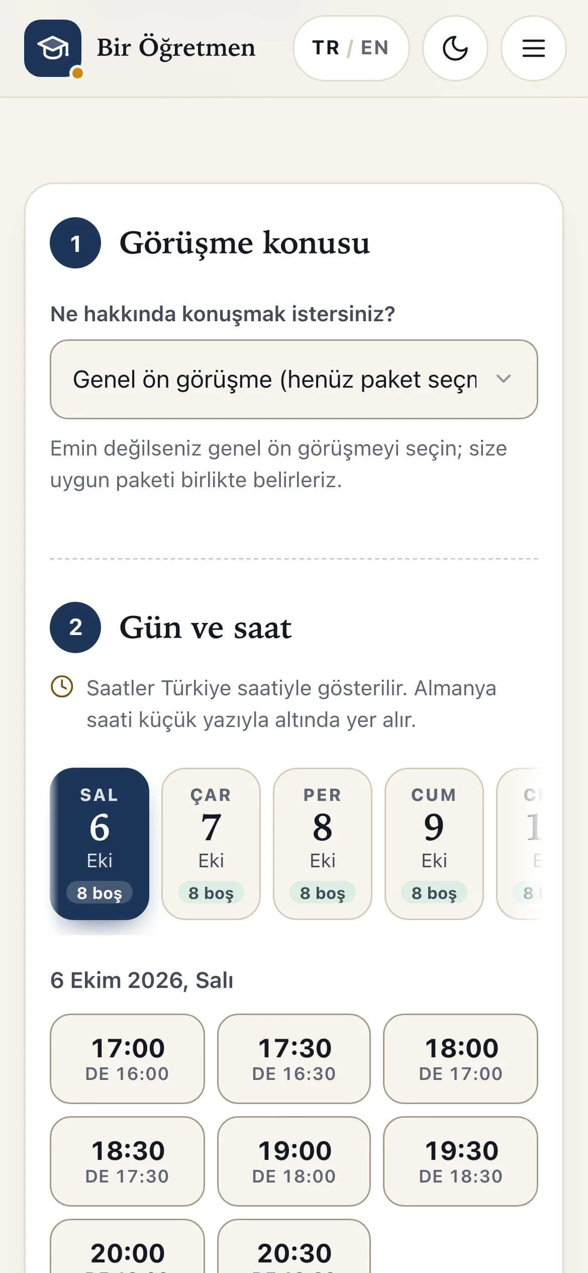 Telefonda randevu: gün ve saat seçme ekranı