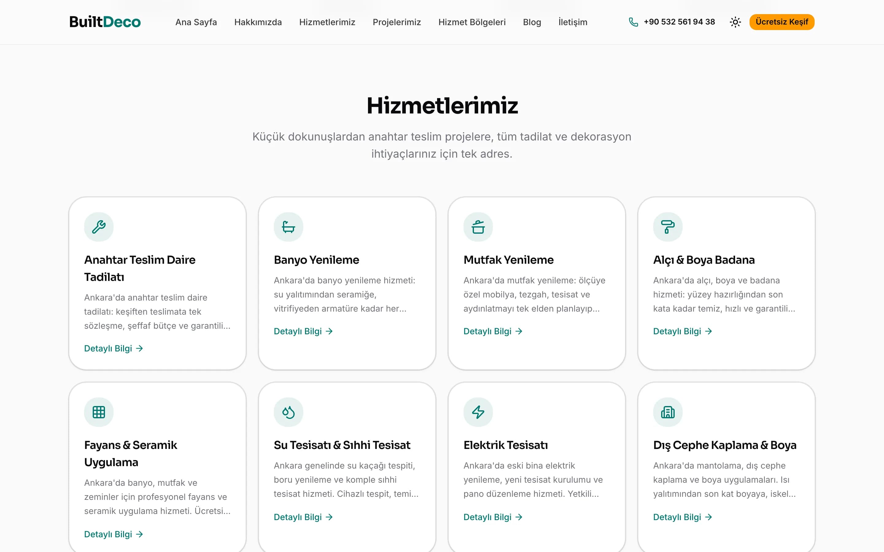 Ana sayfada hizmet kartlarının sıralandığı bölüm