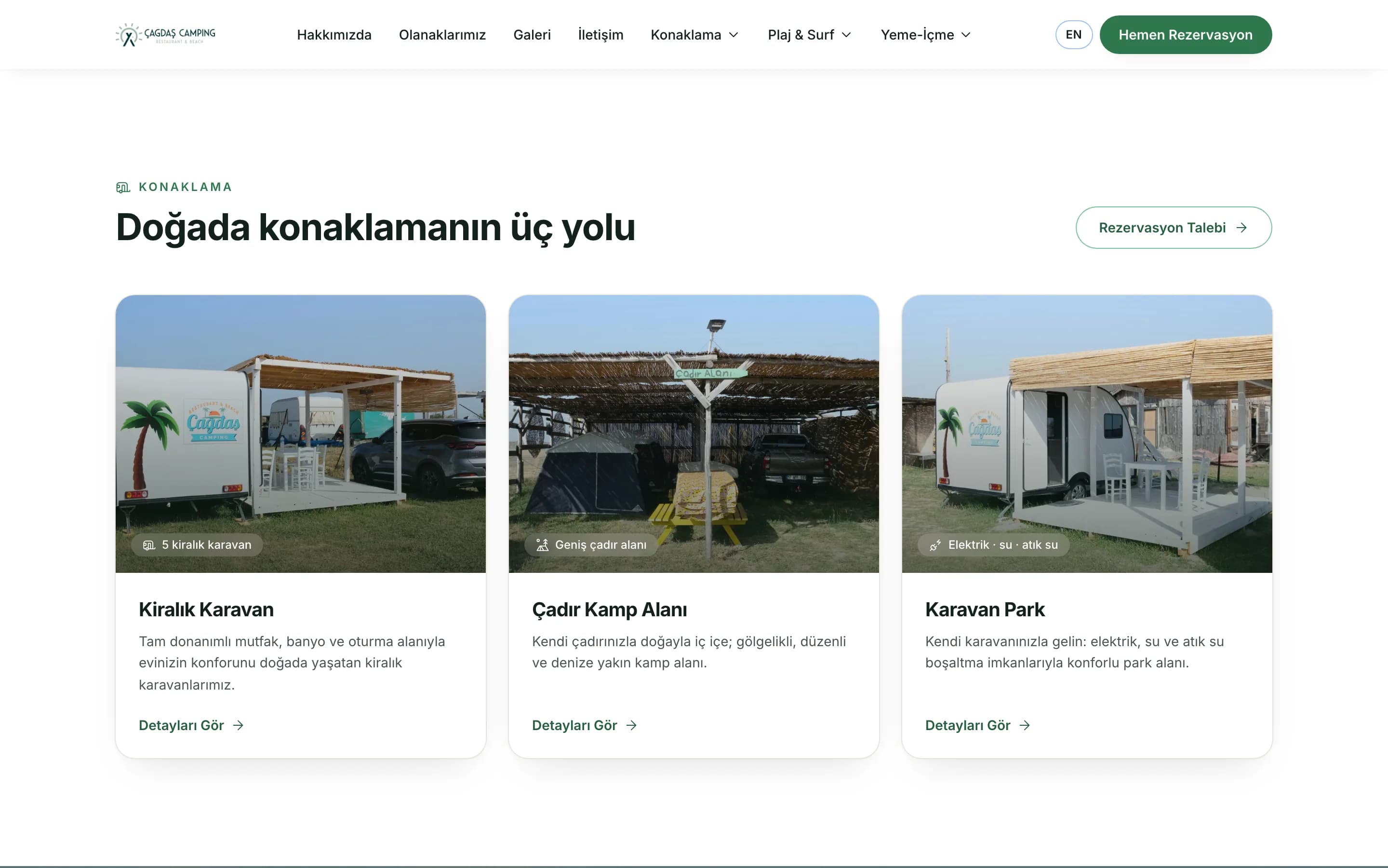 Konaklama kartları: kiralık karavan, çadırla kamp ve karavan park