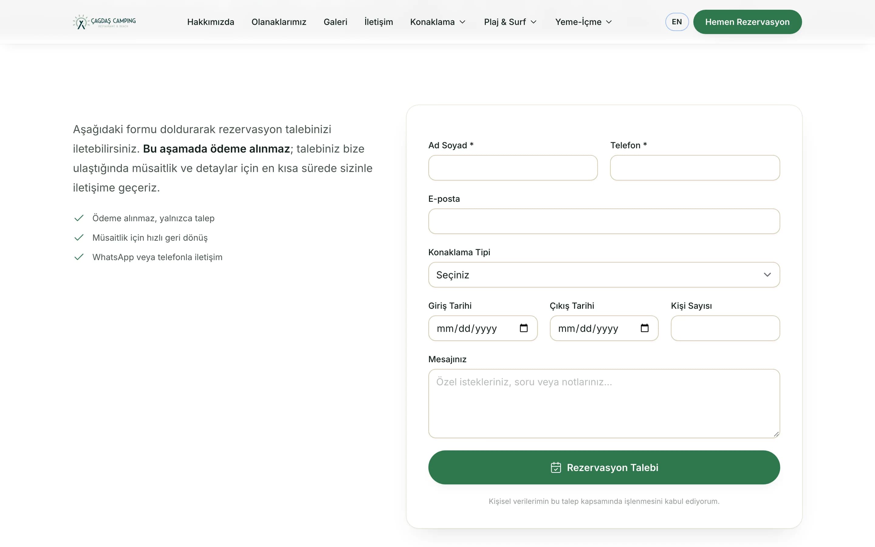 Tarih ve kişi sayısı alanlı rezervasyon talep formu