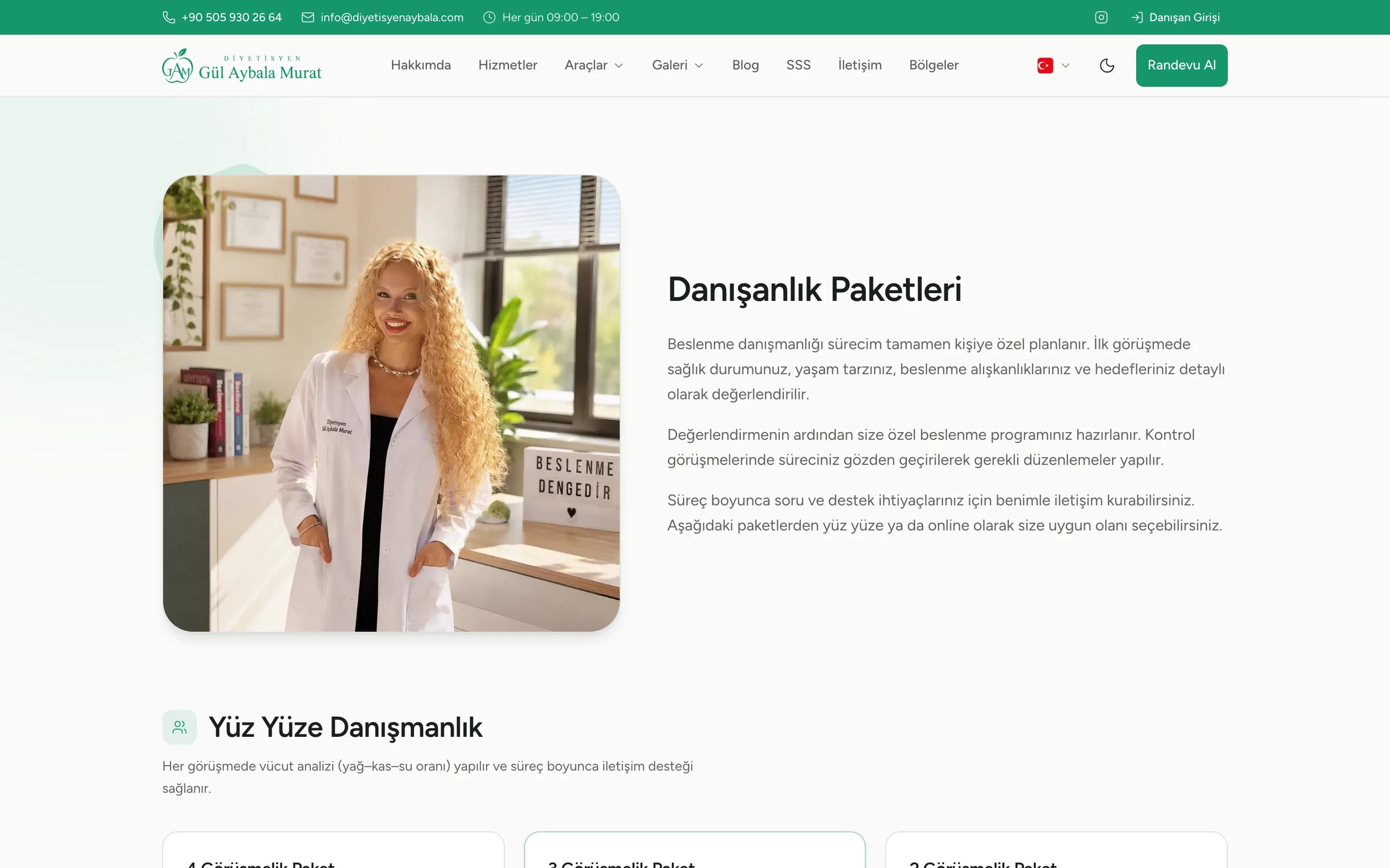 Danışanlık paketleri sayfası: diyetisyenin fotoğrafı ve yüz yüze paketler