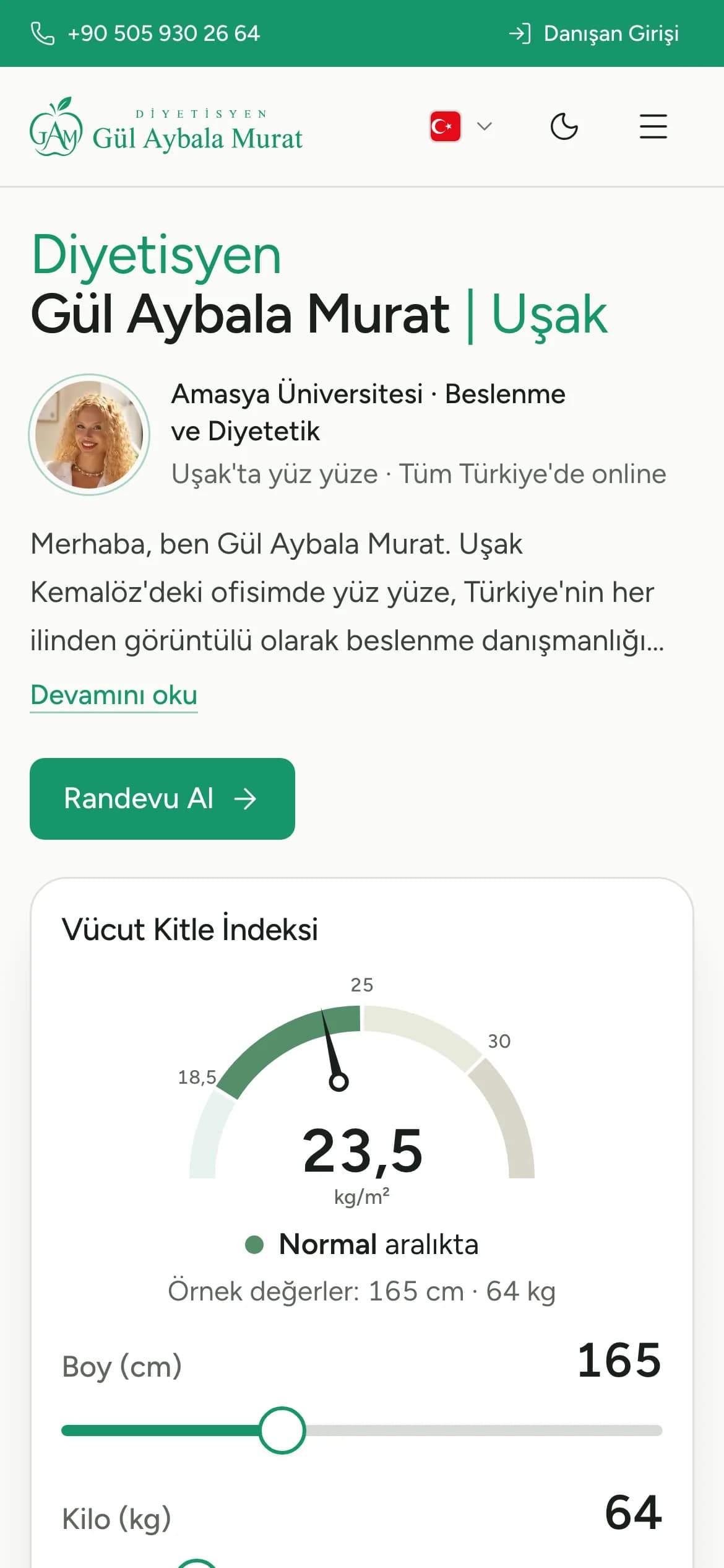 Telefonda ana sayfa: tanıtım yazısı ve VKİ hesaplayıcı