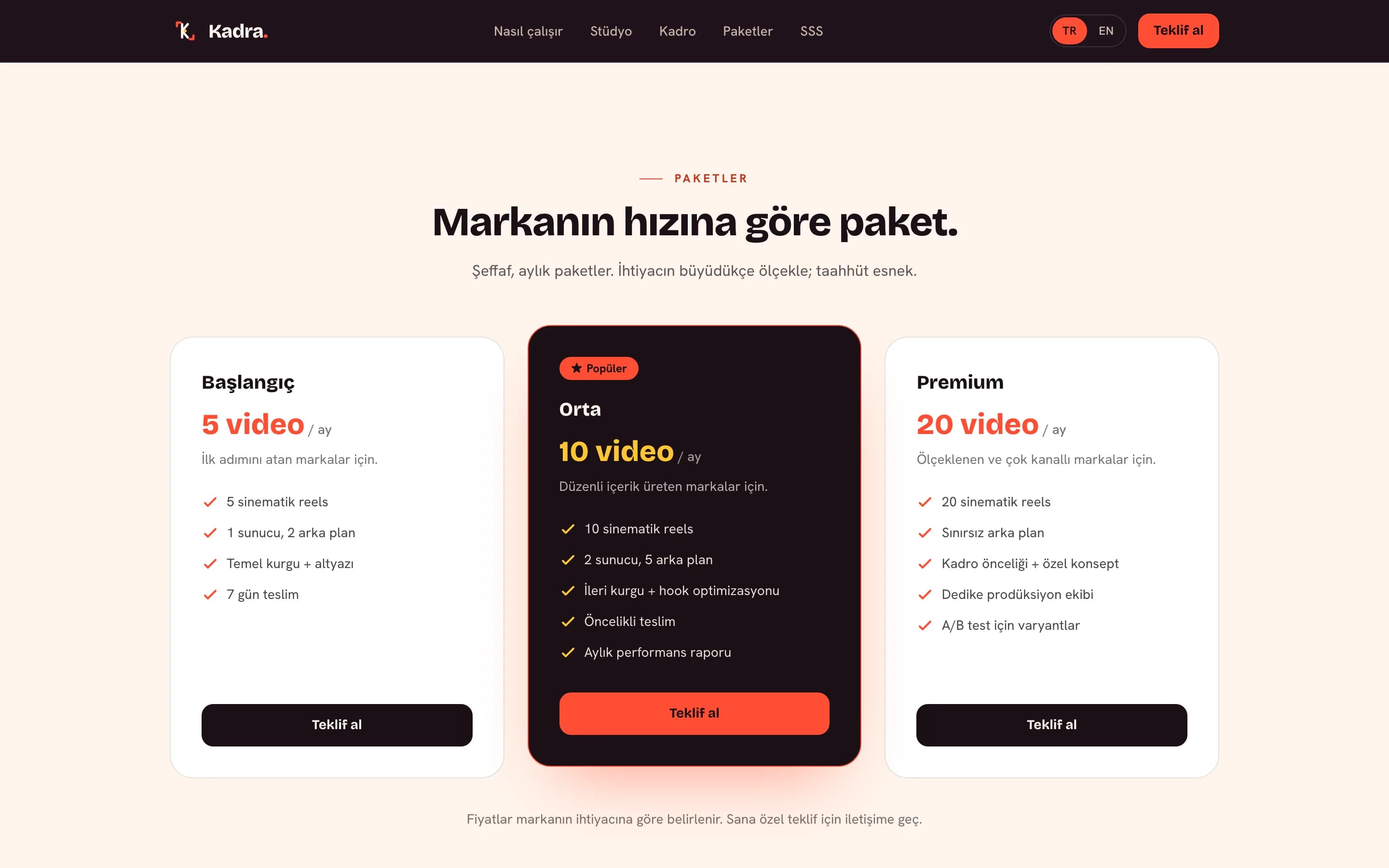 Aylık paket kartları yan yana