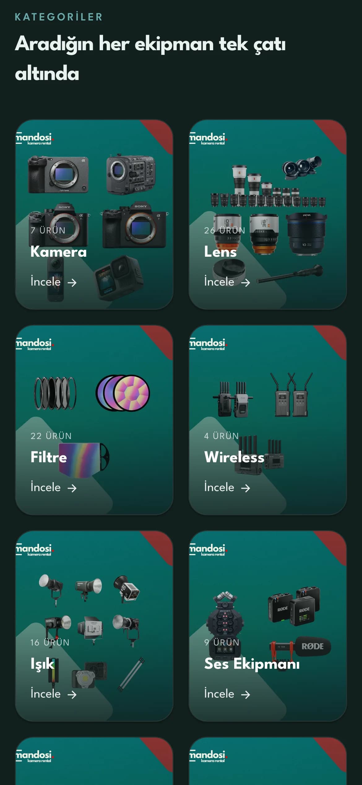 Telefon ekranında ekipman kategori kartları