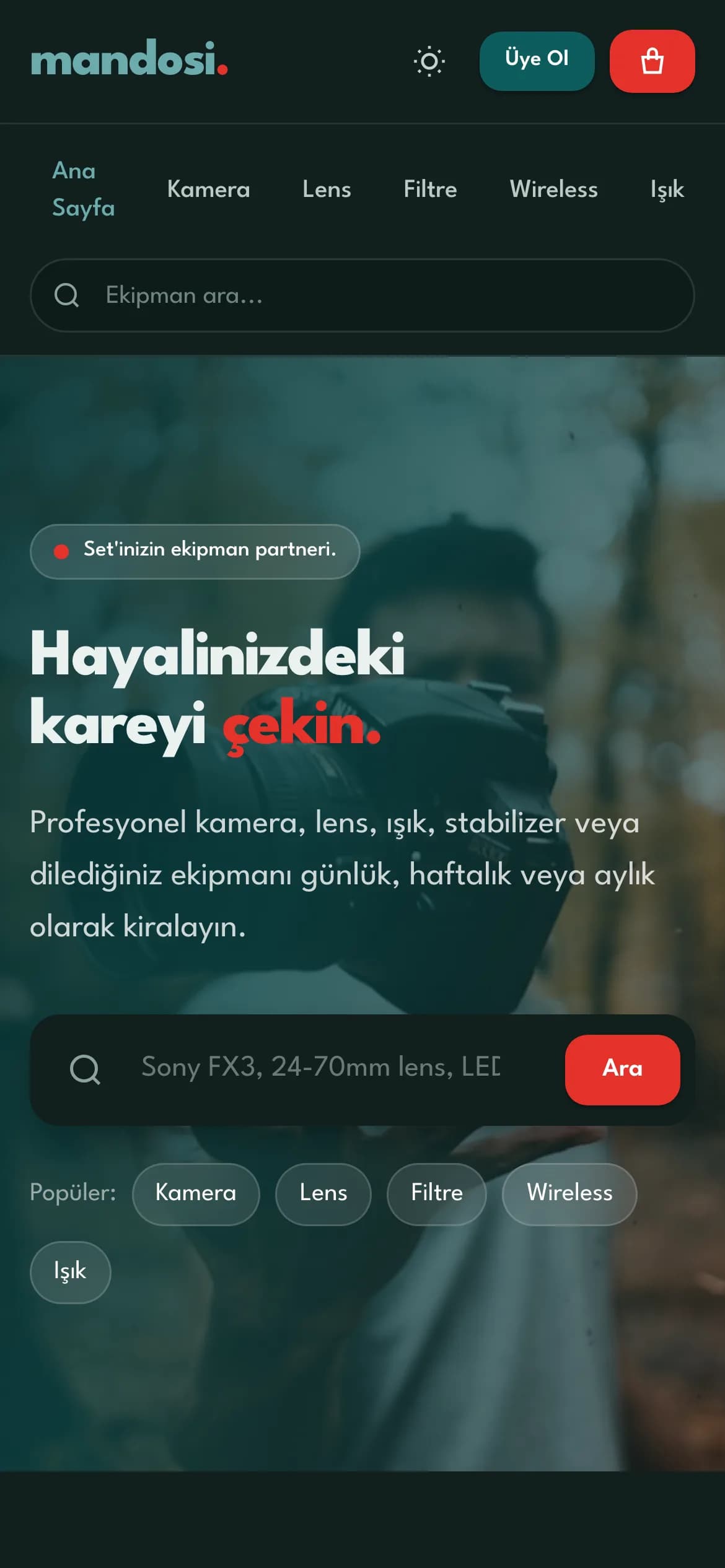 Telefonda Mandosi ana sayfası ve ekipman arama kutusu