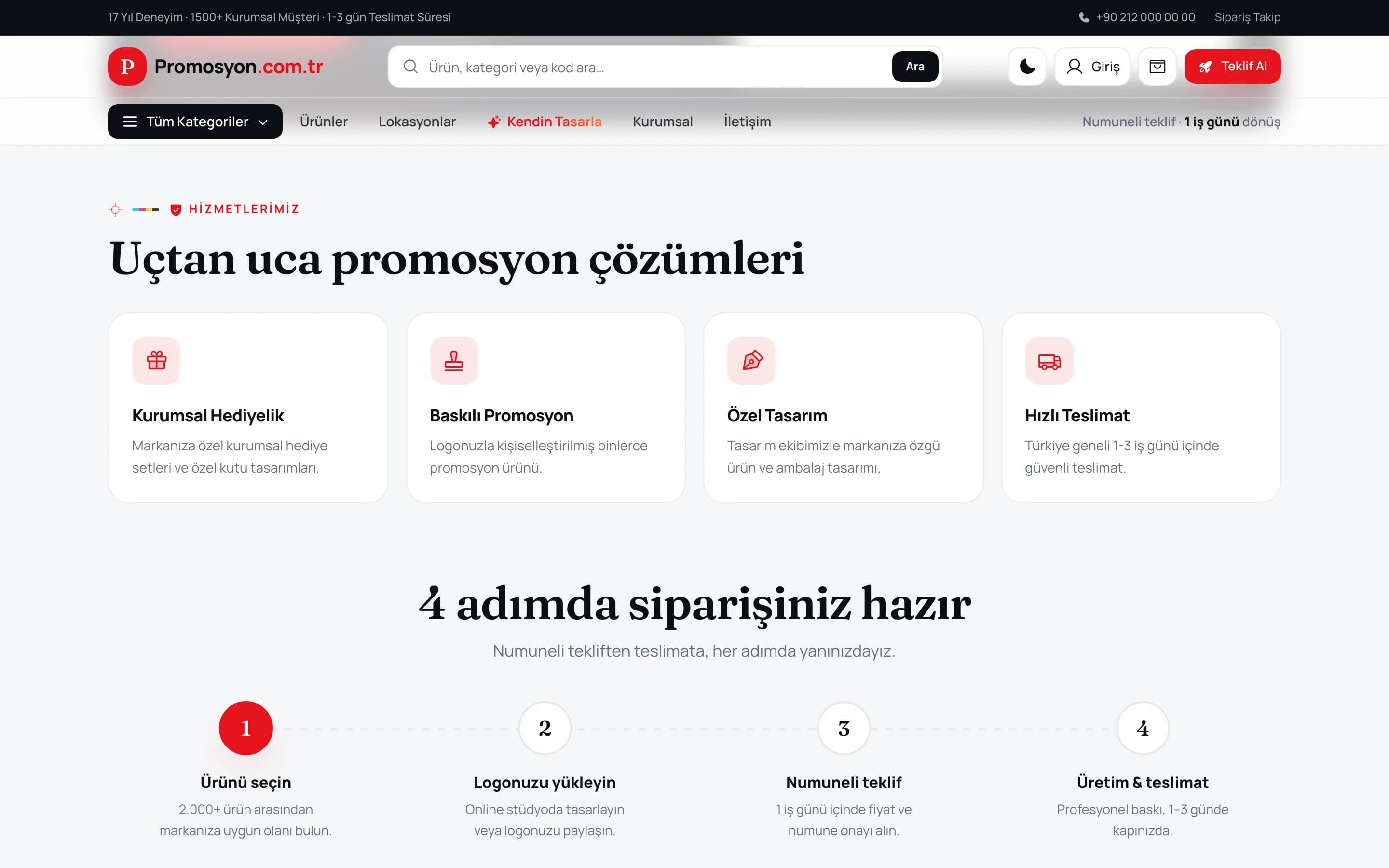 Hizmetler bölümü ve sipariş sürecini dört adımda anlatan şema