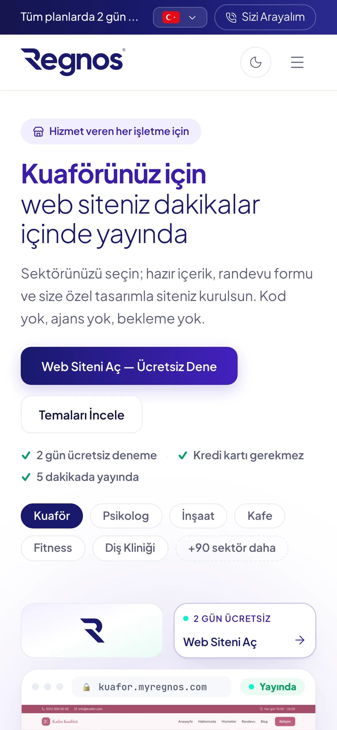 Telefonda Regnos ana sayfası