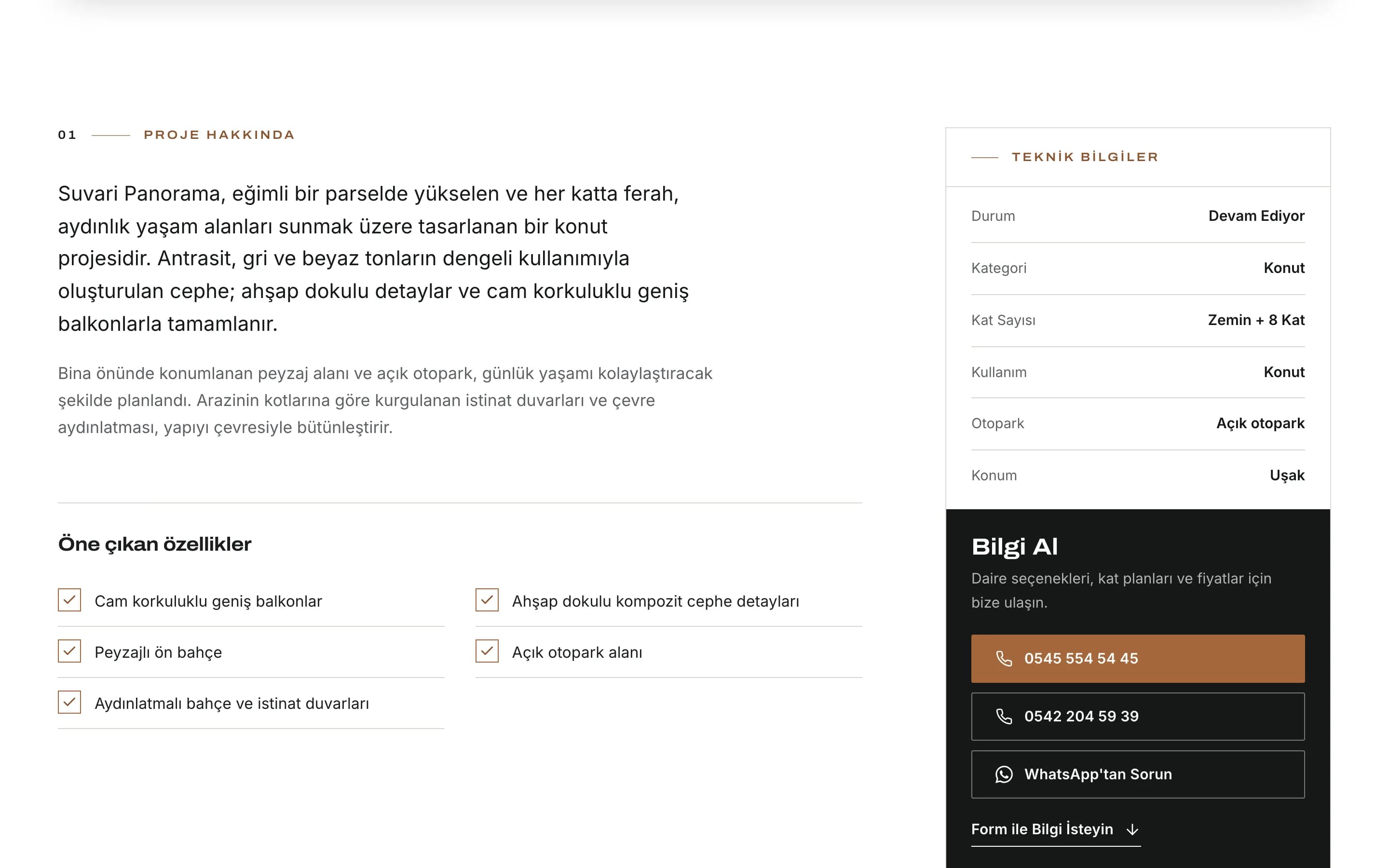 Proje detayı: tanıtım metni, özellik listesi ve teknik bilgi tablosu