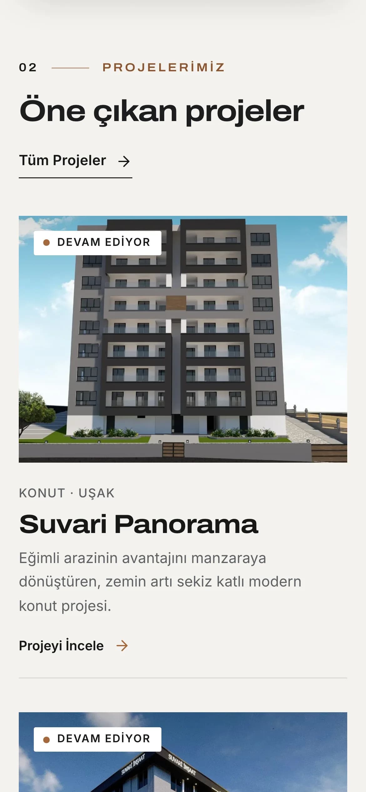 Telefonda öne çıkan proje kartları