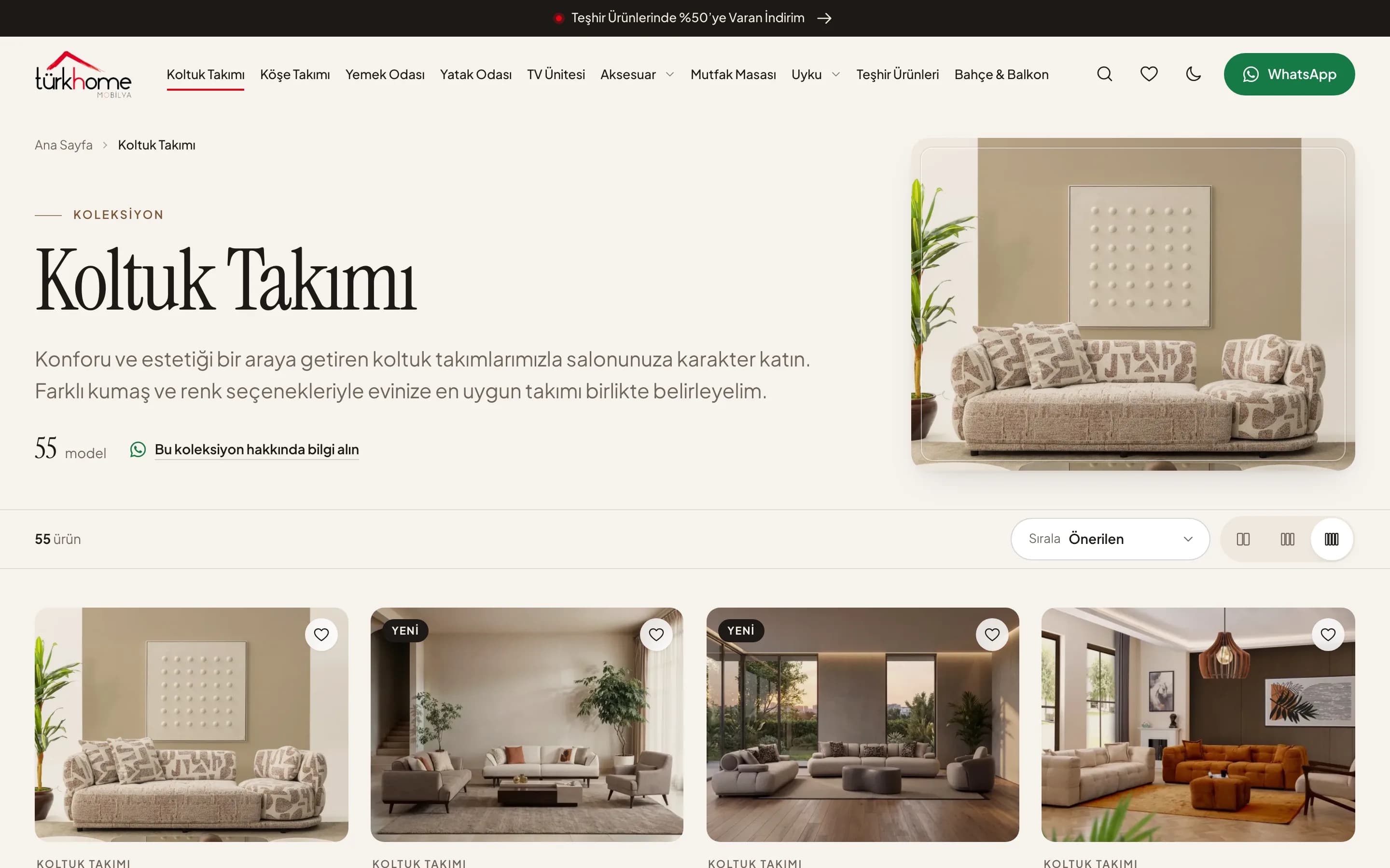 Koltuk takımları koleksiyon sayfası, sıralama ve ızgara seçenekleriyle