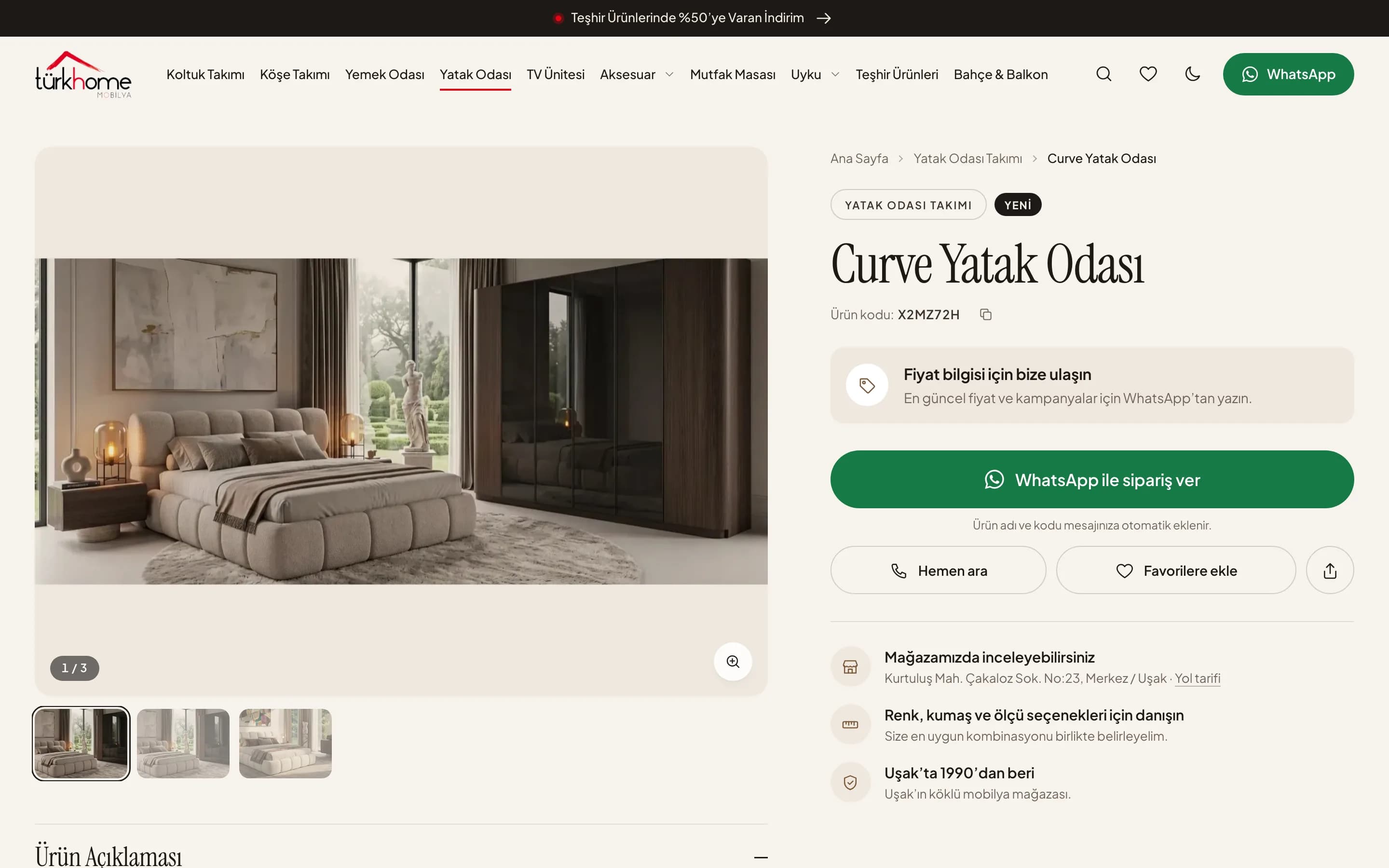 Yatak odası ürün sayfası: fotoğraf galerisi, ürün kodu ve yeşil WhatsApp sipariş düğmesi