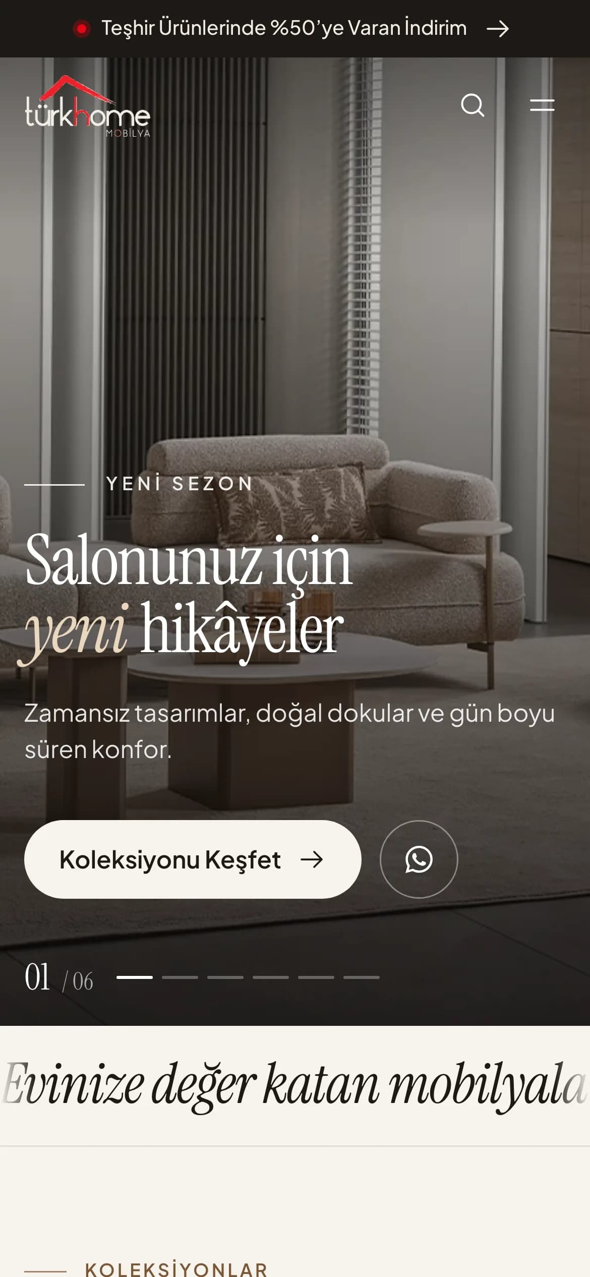 Türk Home Mobilya'nın telefondaki ana sayfası